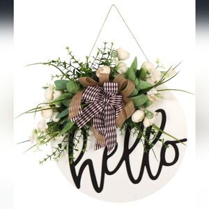 Hello Round Wood Sign With Beautiful Faux Flowers And Bow NWT